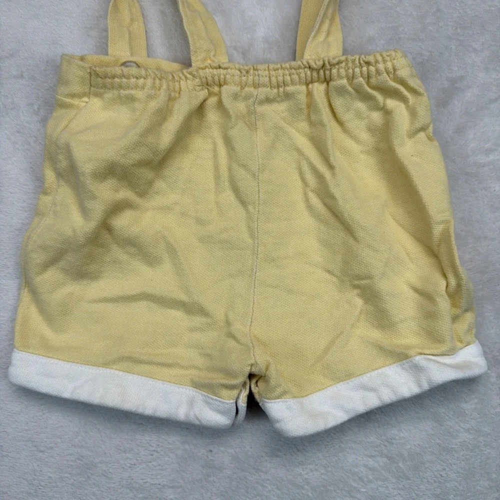 Vintage Baby Yellow Suspender Shortalls Romper White Cuff Snap Crotch Unisex